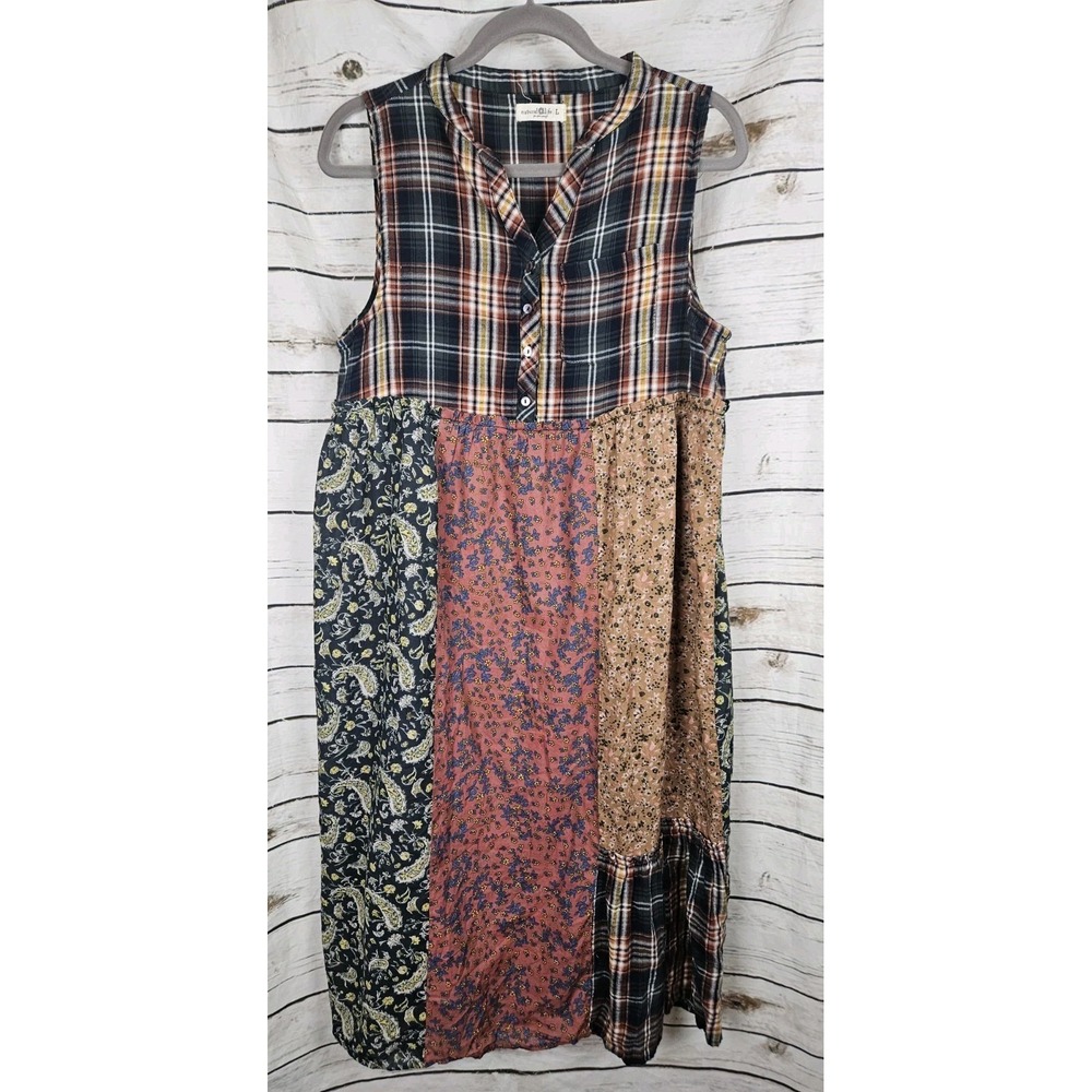 Natural Life Plaid Patchwork Ruffle Dress L Flannel Boho Sleeveless Cottage